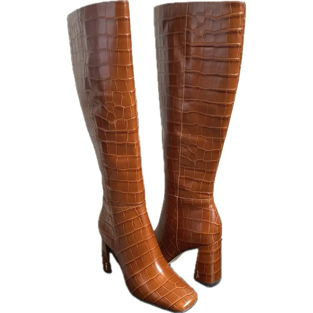 NEW SAM EDELMAN Clarem Leather Croc Embossed High Block Heeled Tall Boots SZ 6.5 - Picture 11 of 13